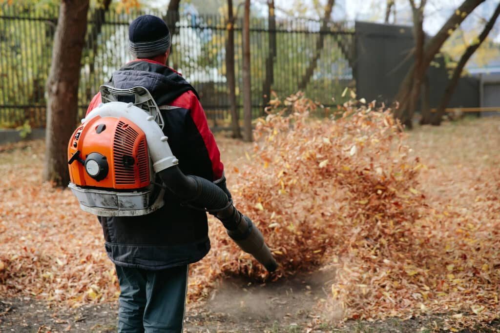 Un ouvrier nettoie la pelouse d'un parc des feuilles mortes à l'aide d'un souffleur thermique STIHL.